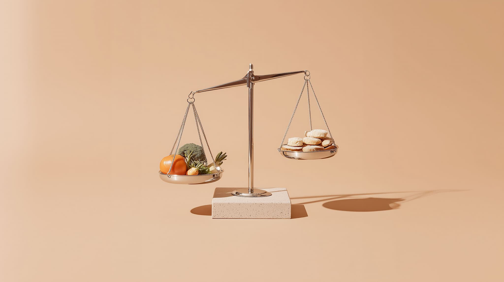 Moderne Küchenwaage mit Gemüse auf der einen Seite und Keksen auf der anderen – KI-generiert