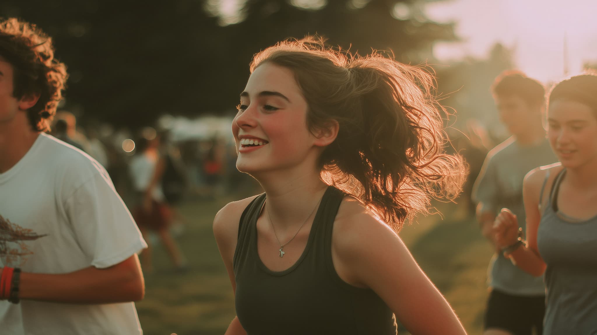 Junge Laufbekleidung: Freude beim Laufen in der Abendsonne mit fröhlichen jungen Sportlern im Hintergrund – KI-generiert