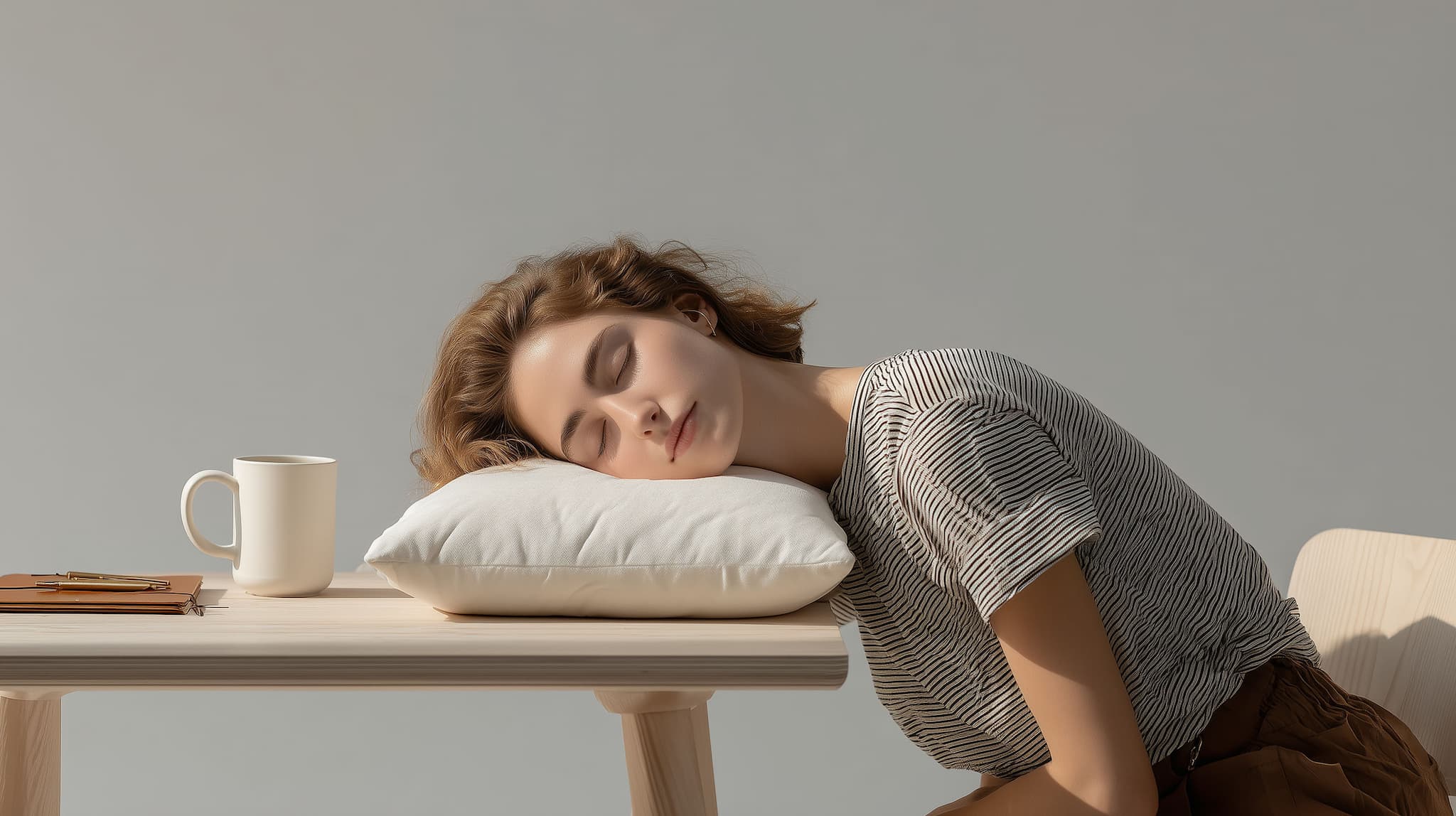 Junge Frau mit Streifenhemd schläft auf Kissen, sitzend an Tisch mit Tasse und Notizbuch - KI-generiert