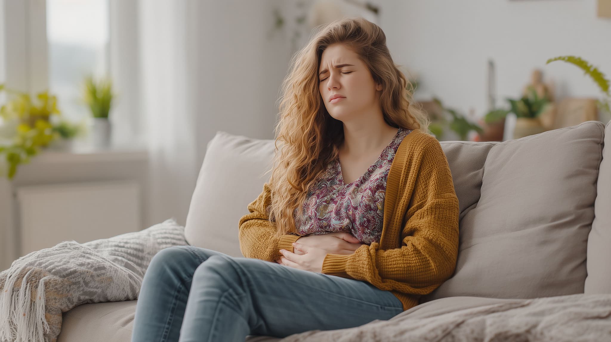 Junge Frau mit Schmerzen im Bauch sitzt auf dem Sofa in einem hellen Raum – KI-generiert