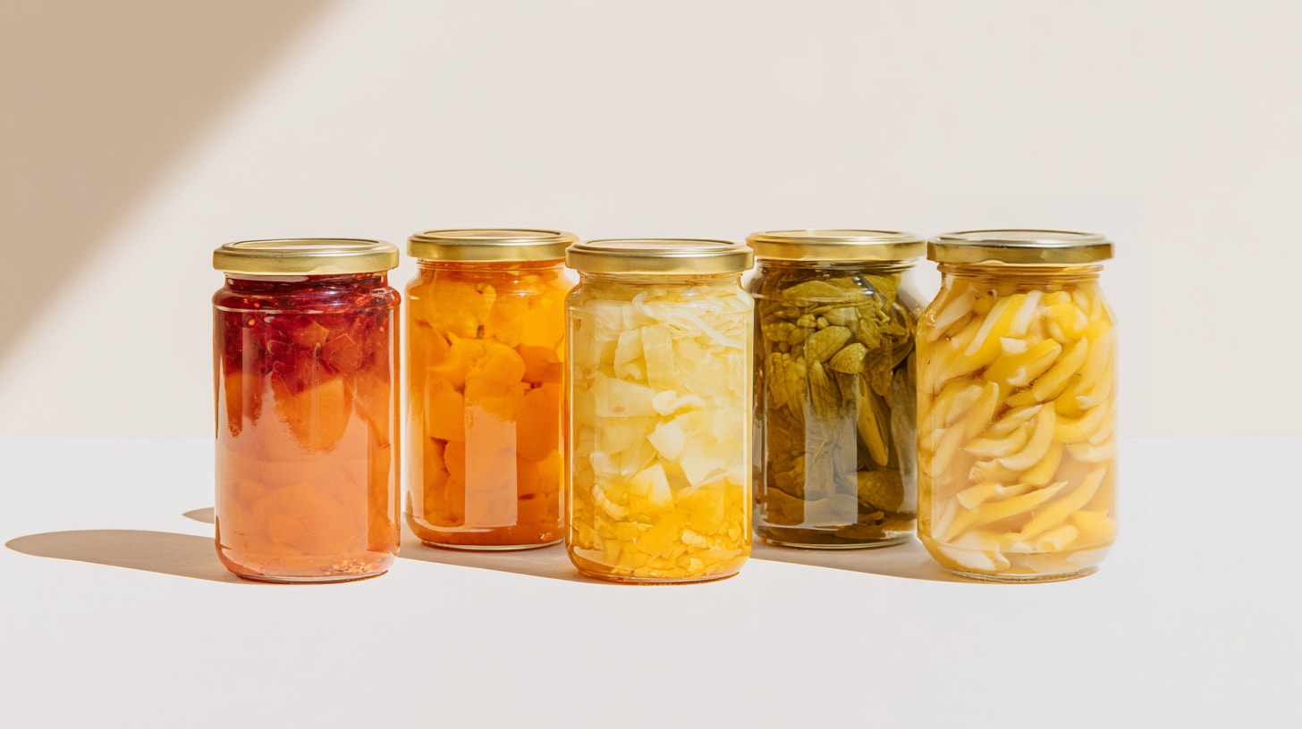 Foto von 5 Gläsern mit fermentierten Gemüsen, KI-generiert