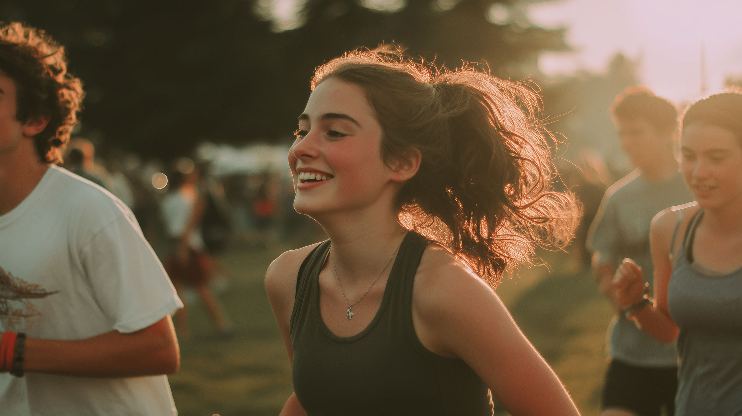 Junge Laufbekleidung: Freude beim Laufen in der Abendsonne mit fröhlichen jungen Sportlern im Hintergrund – KI-generiert
