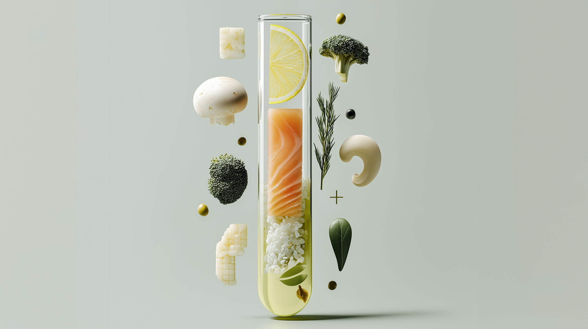 Klarer, farbloser Flüssigkeitsstand in einem Reagenzglas, umgeben von schwebenden Lebensmitteln wie Lachs, Brokkoli, Pilz, Zitrone, Cashew, Reis und Kräutern – KI-generiert