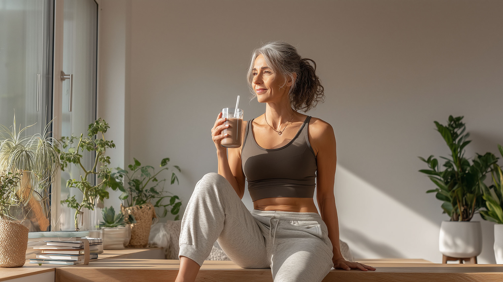 Frau mit braunem Sportoberteil und grauen Jogginghosen, die entspannt einen Smoothie genießt – KI-generiert