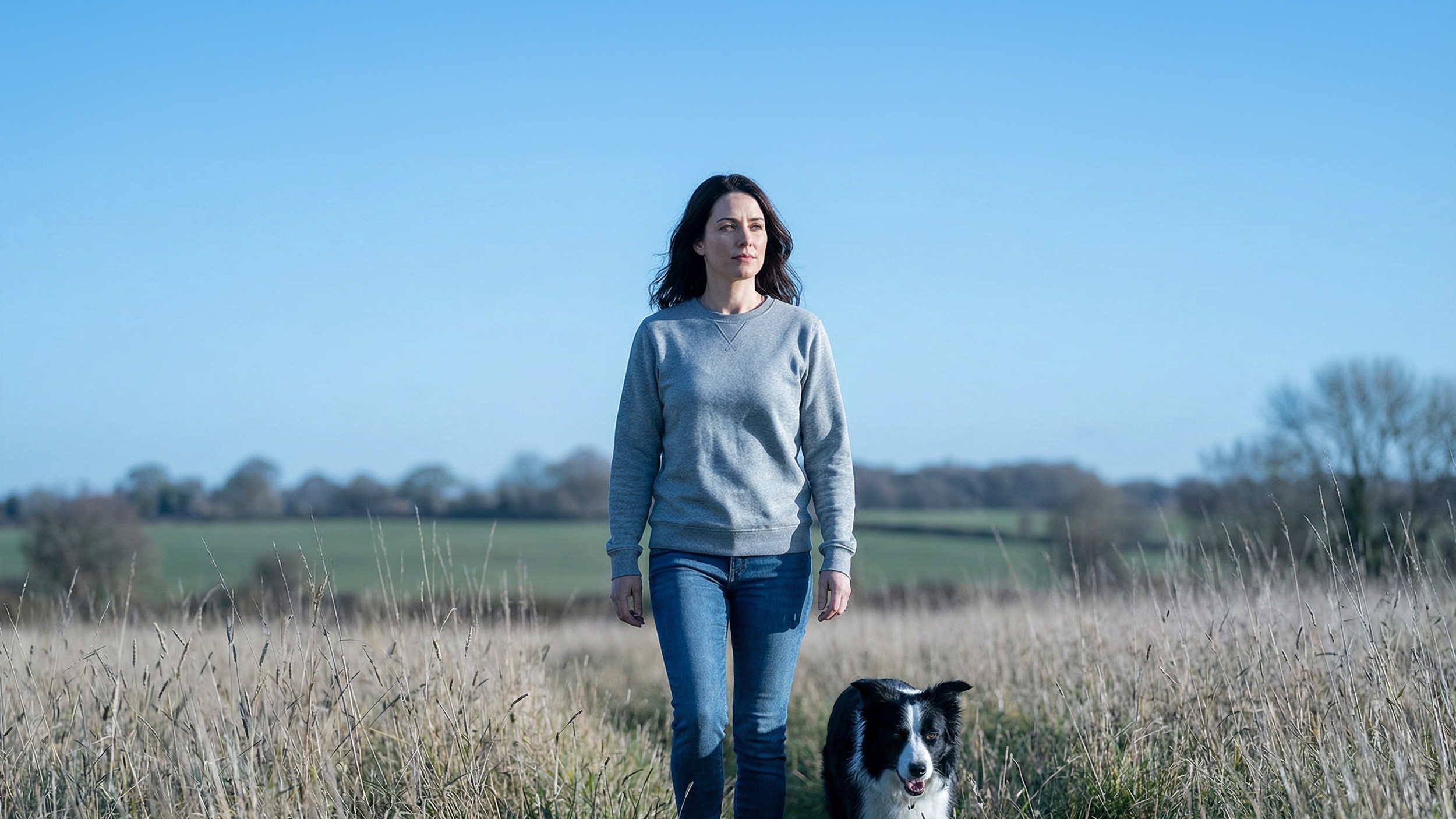 Eine gelassene Frau geht mit ihrem Border Collie auf einer weiten Wiese spazieren.