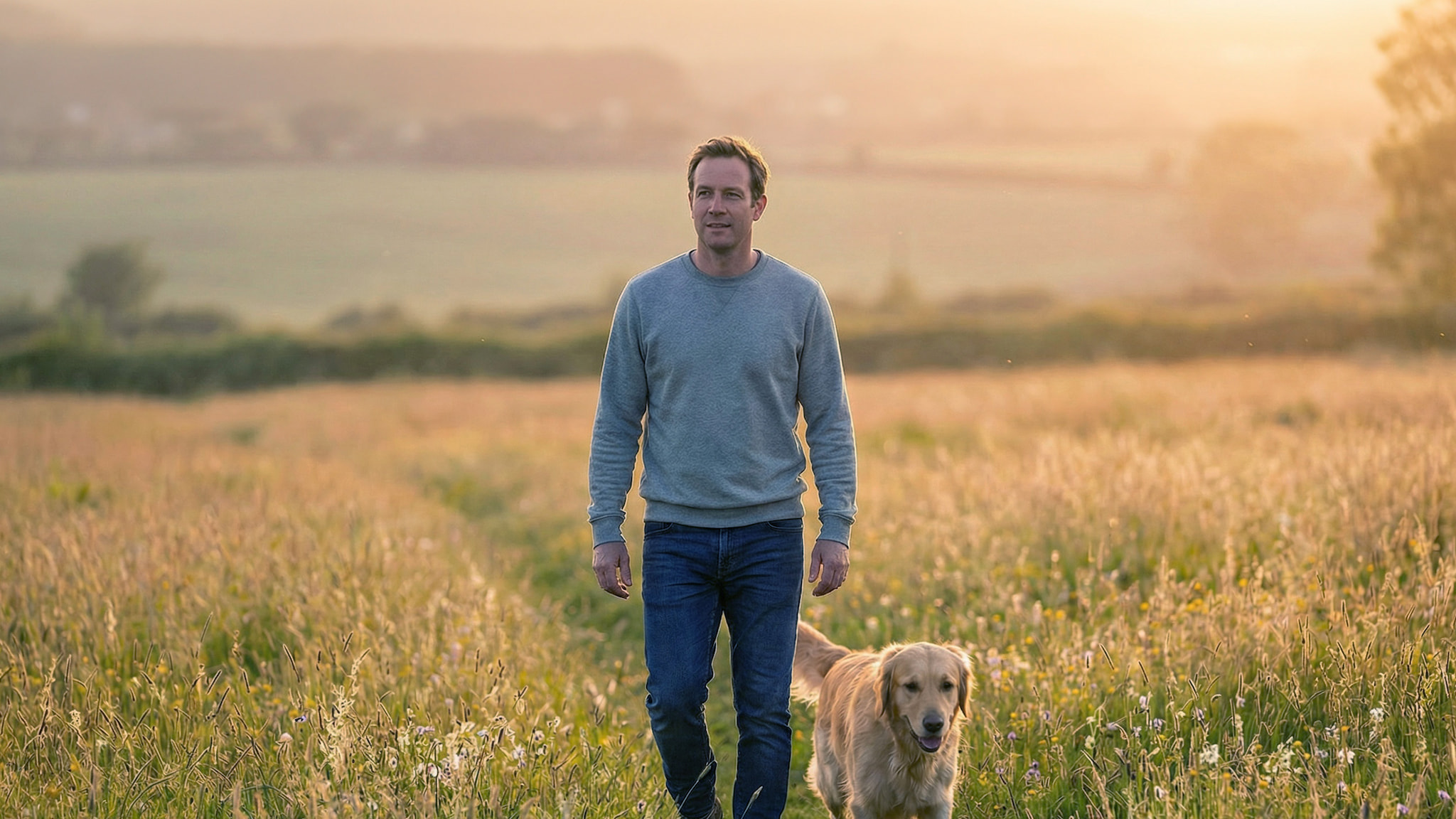 Entspannter Mann geht bei Sonnenuntergang mit seinem Golden Retriever über eine Wiese.