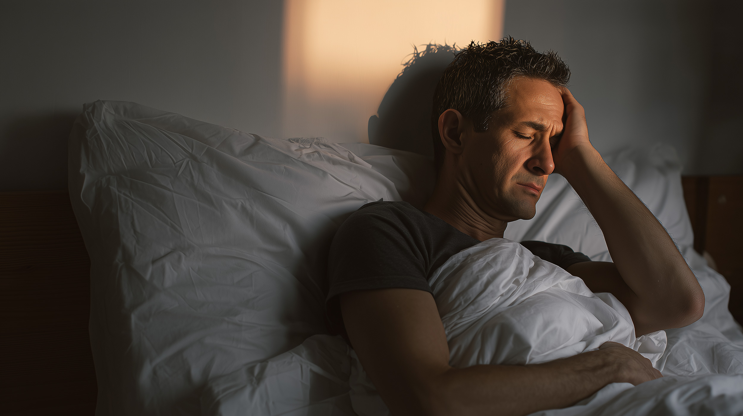 Ein Mann liegt nachts wach im Bett und stützt erschöpft den Kopf in die Hand.