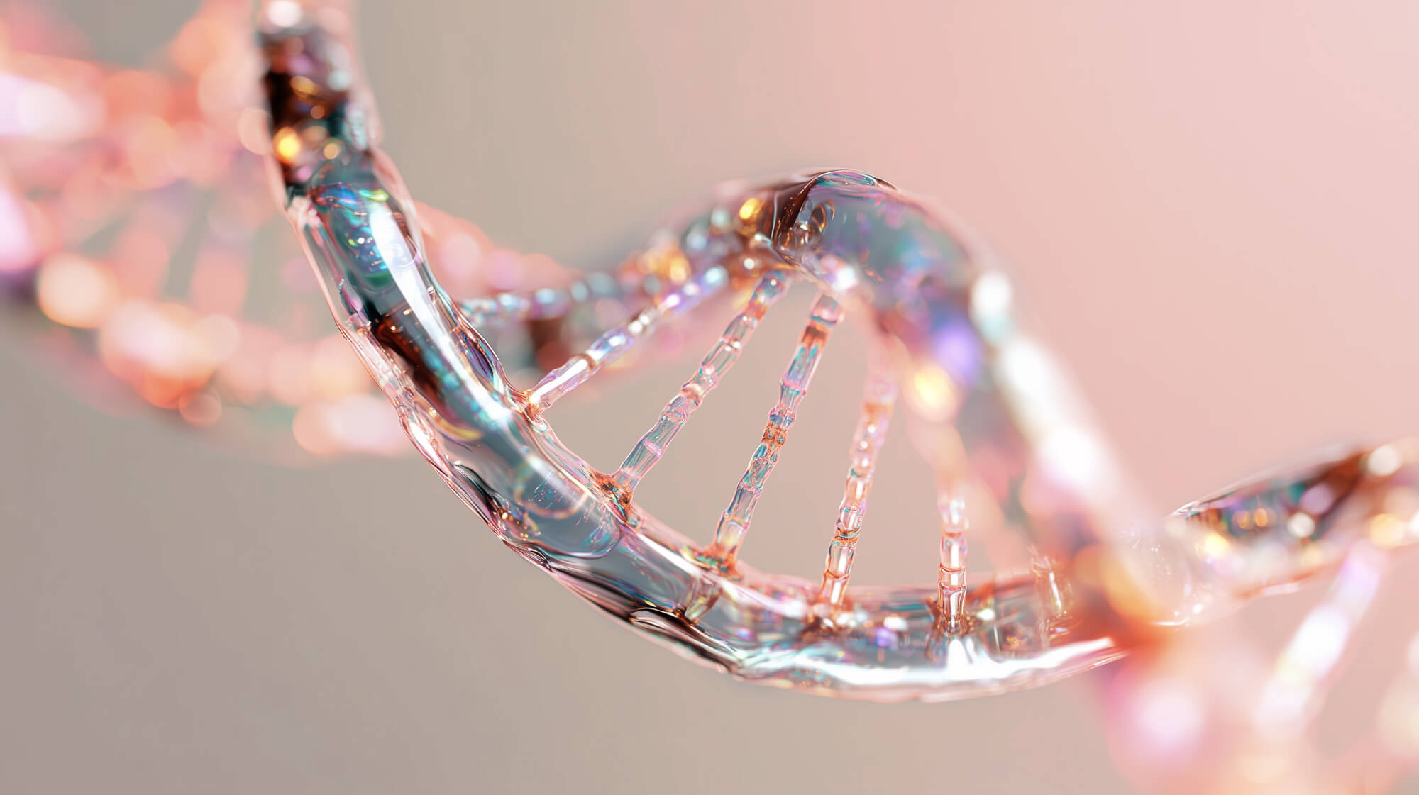 Eine gläserne, schimmernde DNA-Doppelhelix im Detail als Symbol für Genetik und Epigenetik.