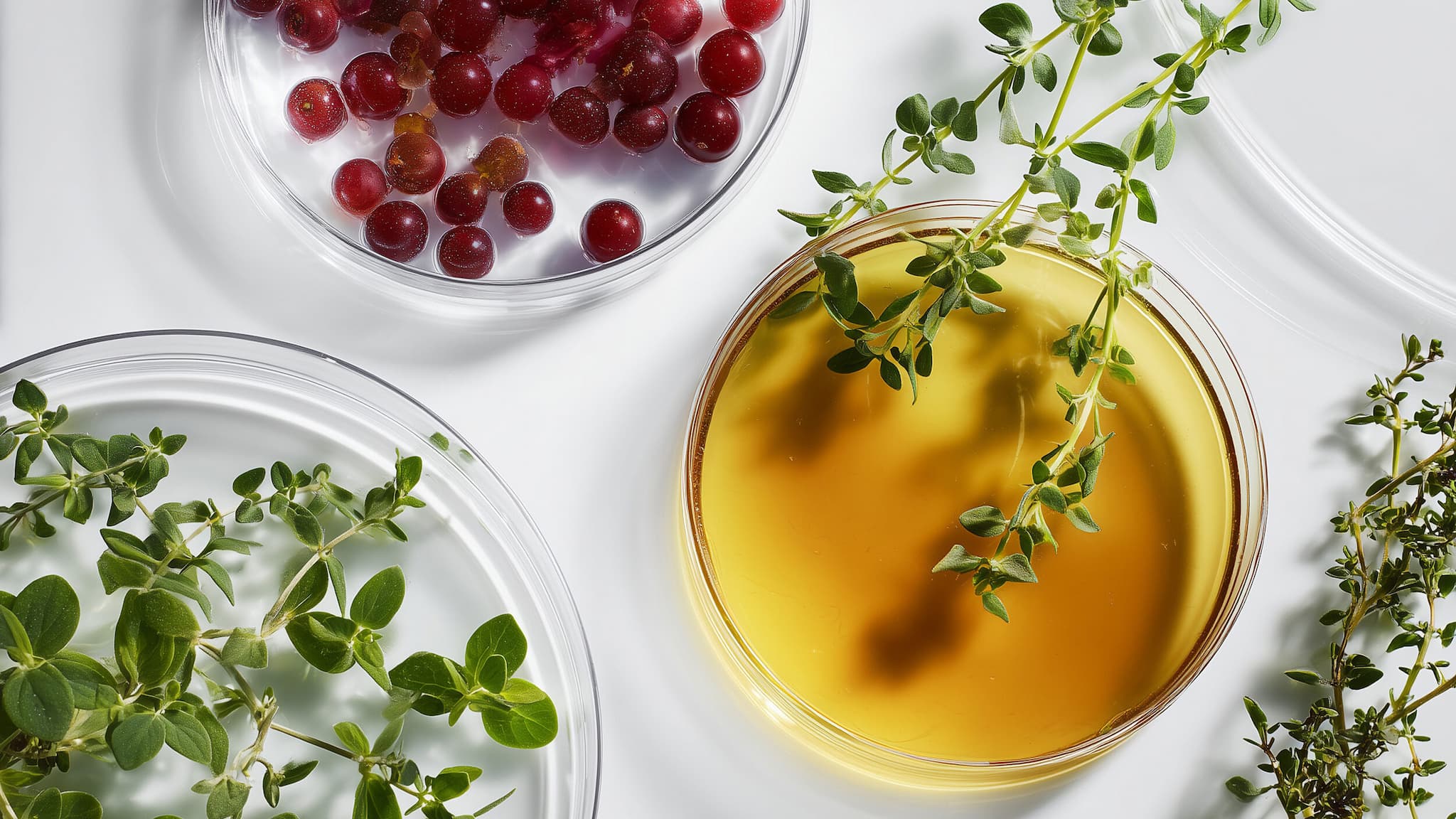 Petrischalen mit Früchten, Ölen und Kräutern, KI-generiert