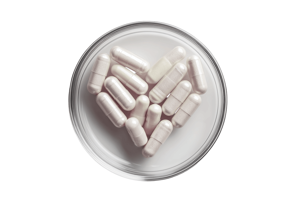 Supplement-Kapseln in Petrischale, herzförmig angeordnet. KI-generiert