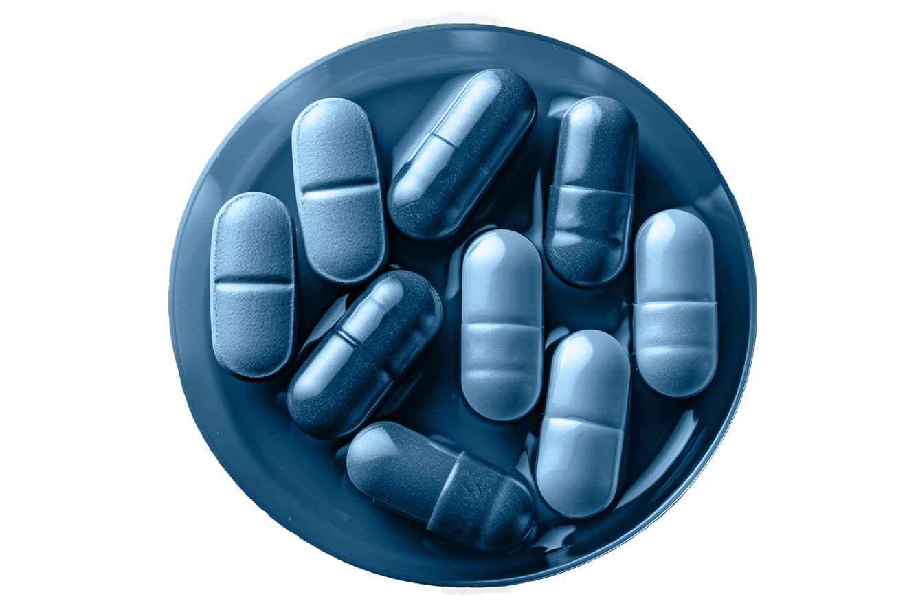 Bild zur Team-Seite von Health Standard Solutions, Schwerpunkt: Was uns antreibt. Im Bild: längliche Supplement-Kapseln und Tabletten in Petrischale, blau eingefärbt.