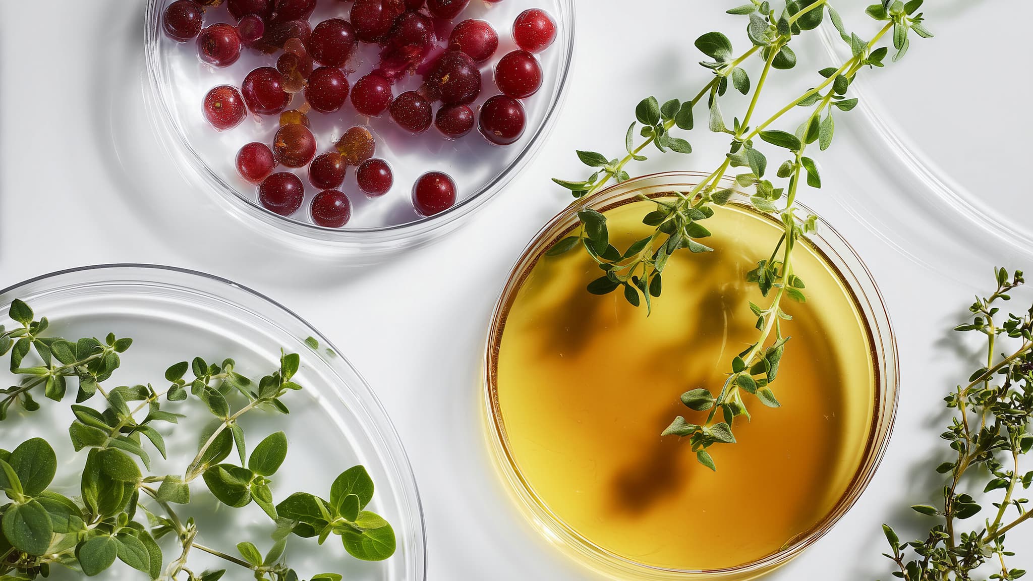 Foto von Petrischalen mit Früchten, Ölen und Kräutern, KI-generiert