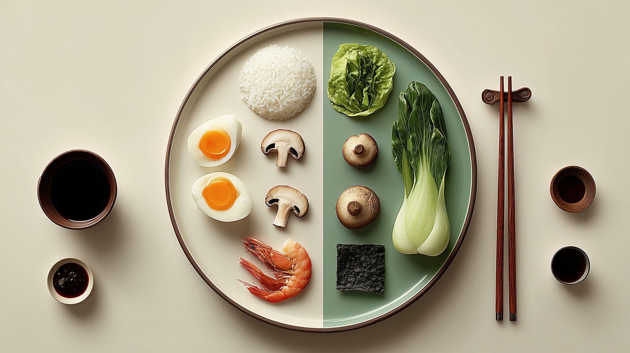 Teller mit Reis, Eiern, Shrimps, Gemüse und Pilzen, Serviert mit Essstäbchen und Sojasauce – KI-generiert