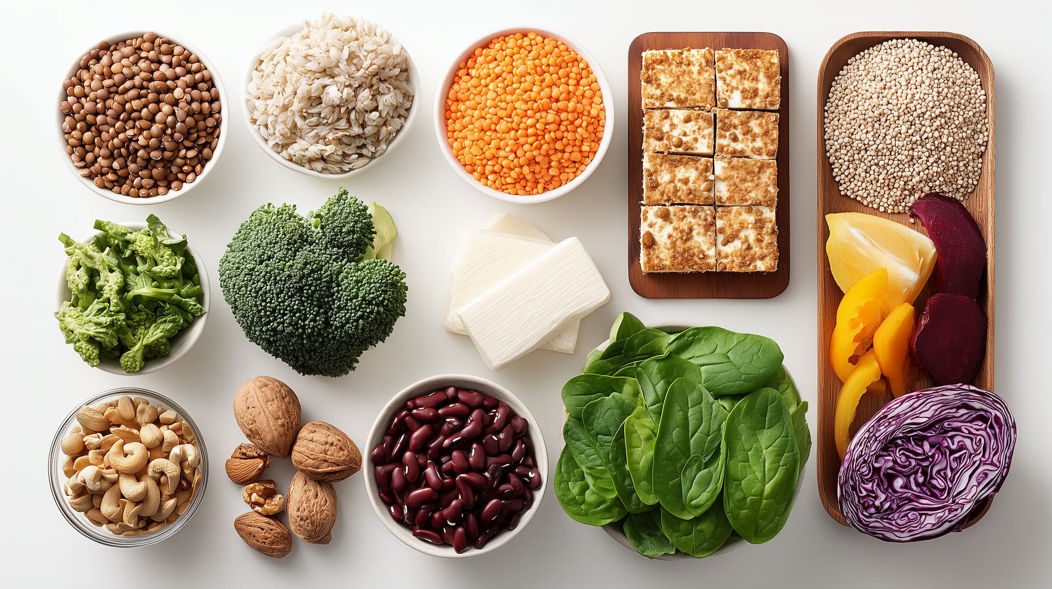 Verschiedene ballaststoffreiche Lebensmittel auf weißem Untergrund, darunter Linsen, Brokkoli, Spinat, rote Bohnen, Nüsse, Tofu, rote Beete, Kürbis und Rotkohl, arrangiert in Schalen und auf Tellern – KI-generiert