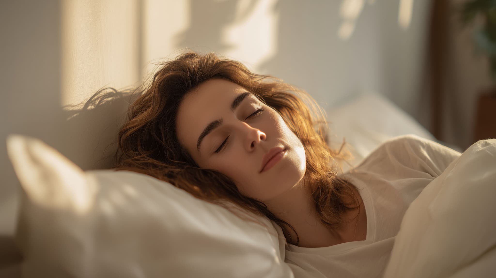 Frau entspannt schlafend in einem hellen Schlafzimmer mit einer weichen Bettdecke und Kissen – KI-generiert