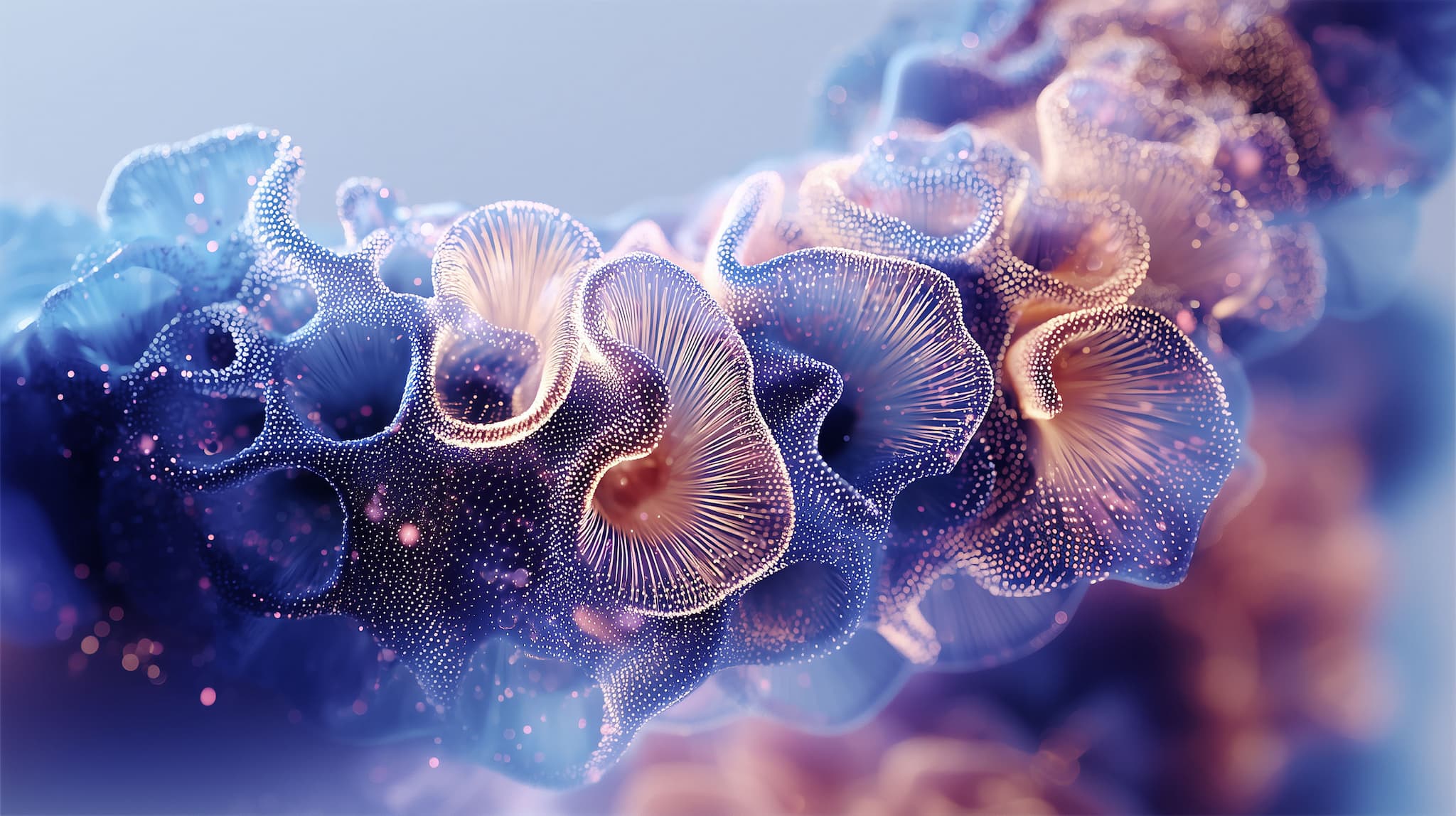 Abstrakte digitale Illustration von organischen Formen in sanften Blau- und Rosatönen – KI-generiert