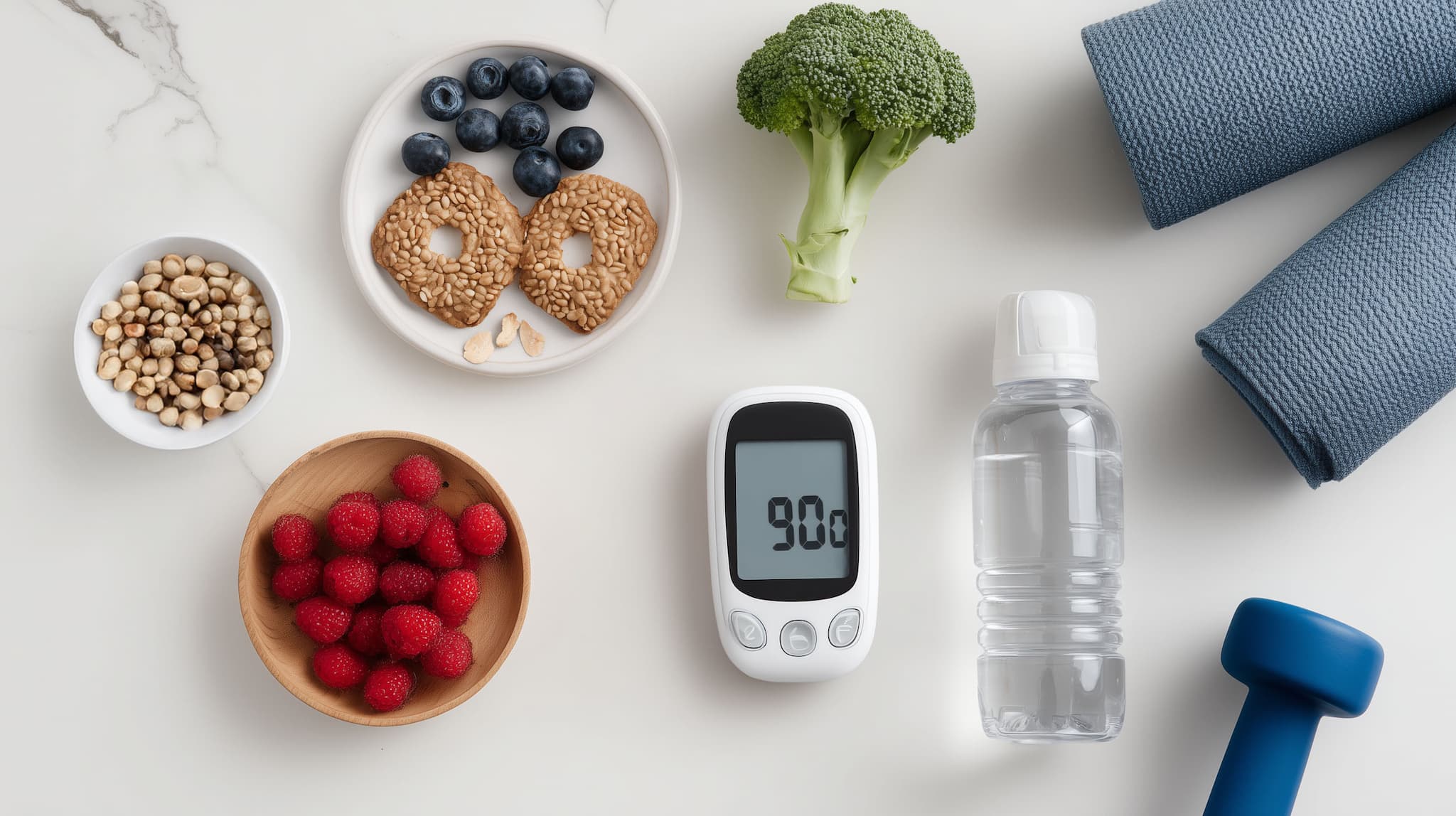 Gesunde Lebensweise: Lebensmittel wie Brokkoli, Beeren, Nüsse und Fitnessgeräte mit einem digitalen Blutzuckermessgerät – KI-generiert