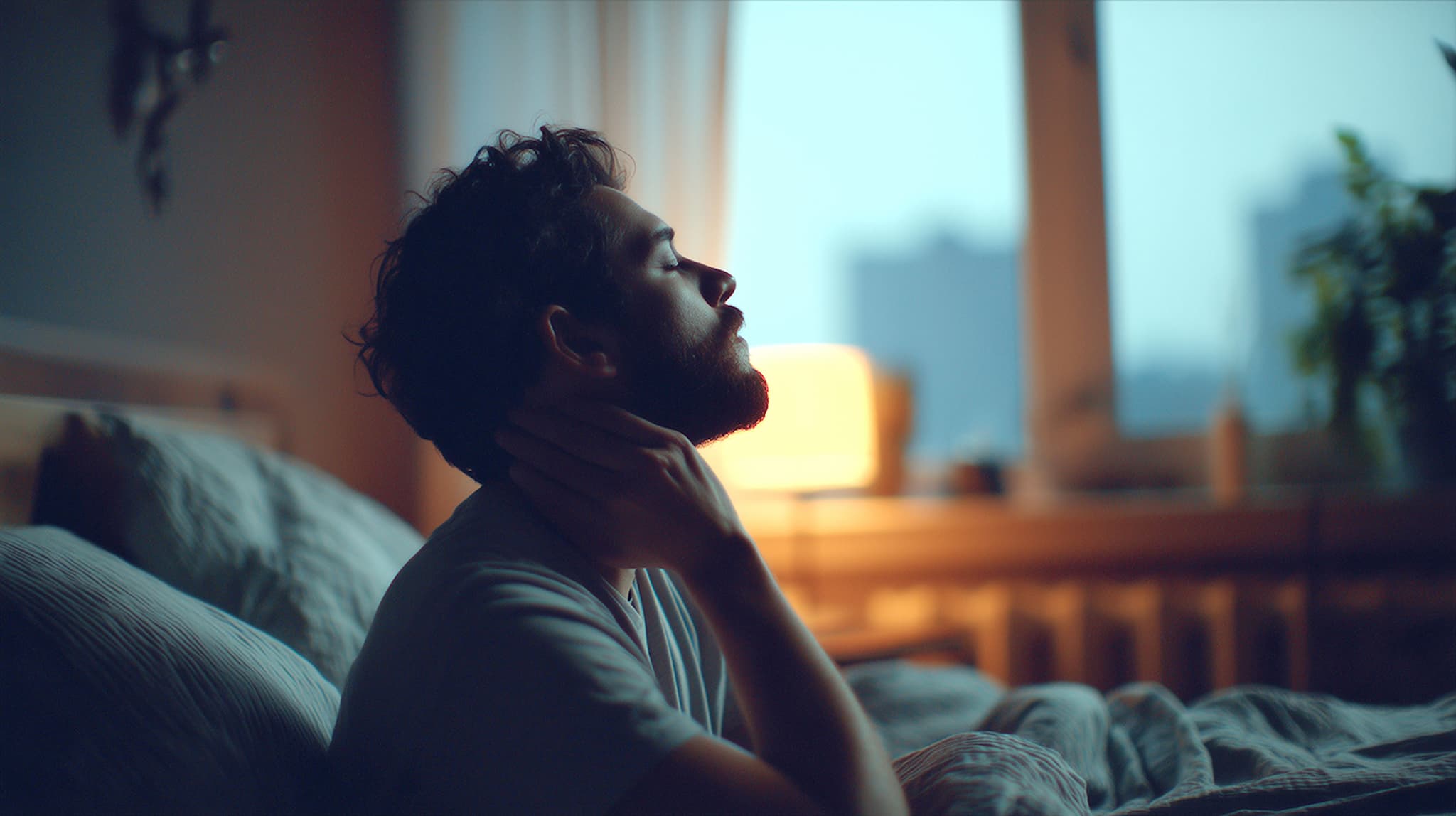Mann sitzt schlaflos im Bett, sanftes Licht aus einem Fenster, ruhige Schlafzimmer-Atmosphäre – KI-generiert