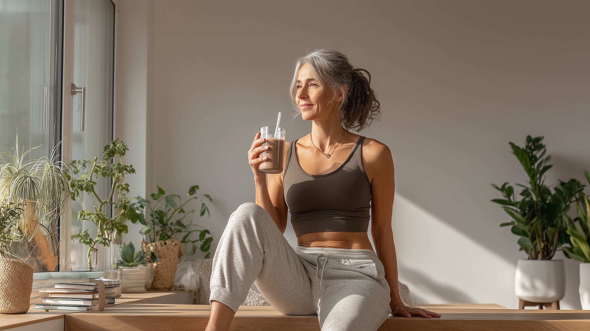 Frau mit braunem Sportoberteil und grauen Jogginghosen, die entspannt einen Smoothie genießt – KI-generiert