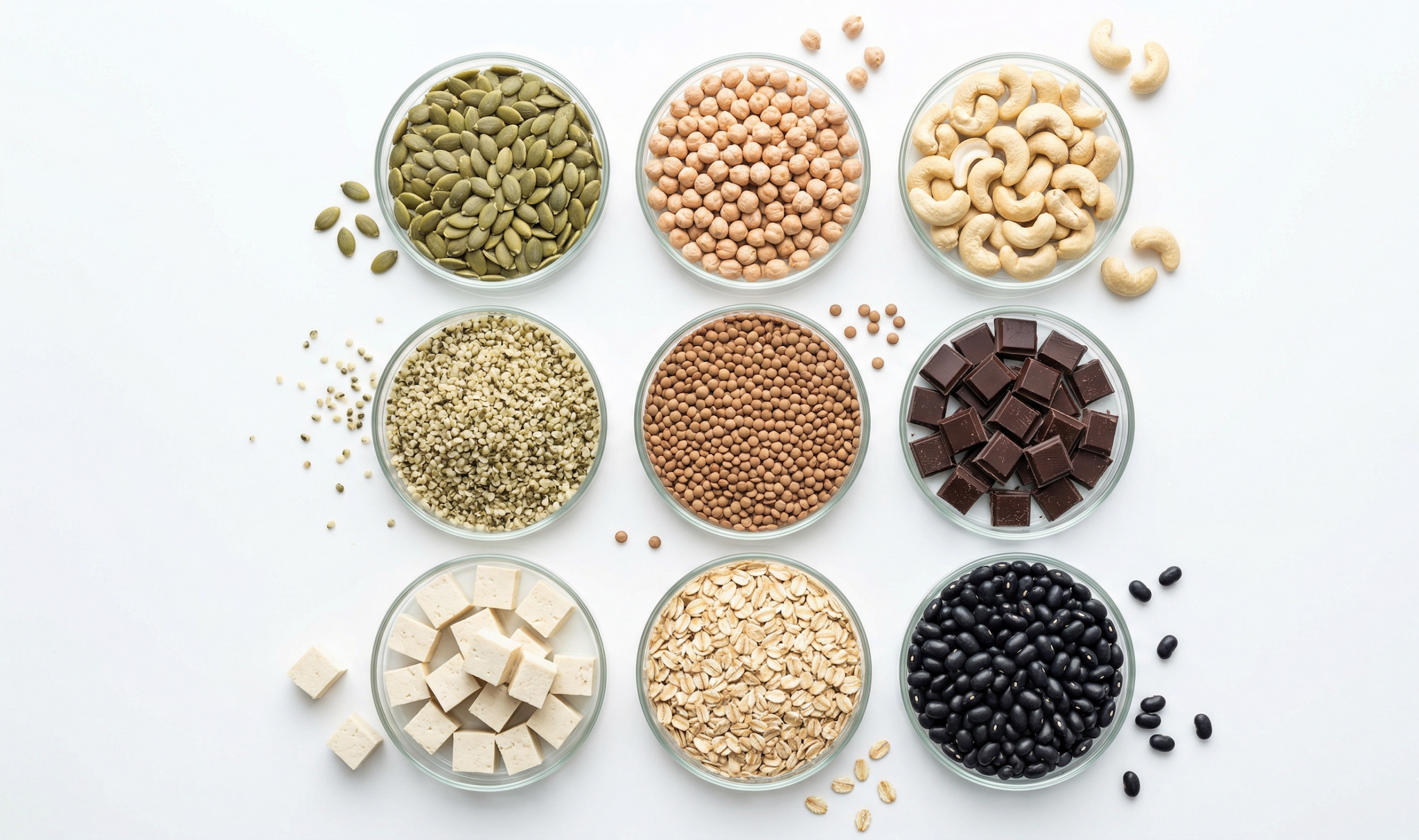Vegane zinkhaltige Lebensmittel wie Kürbiskerne, Kichererbsen, Cashews und Tofu in hellen Petrischalen auf weißem Hintergrund