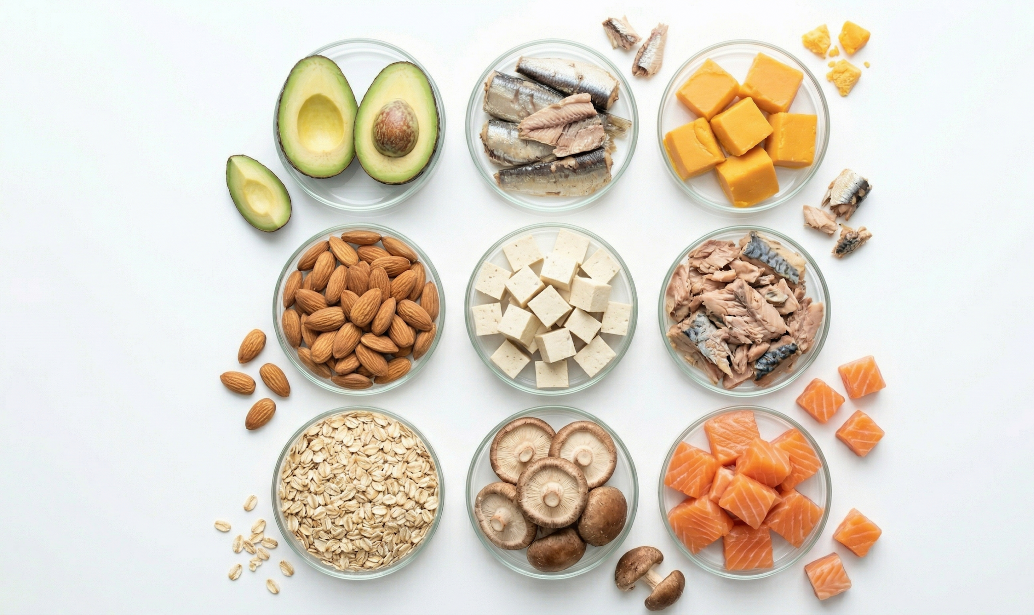 Vitamin-D3-reiche Lebensmittel wie Lachs, Sardinen, Eigelb und Shiitake-Pilze in Petrischalen auf weißem Hintergrund