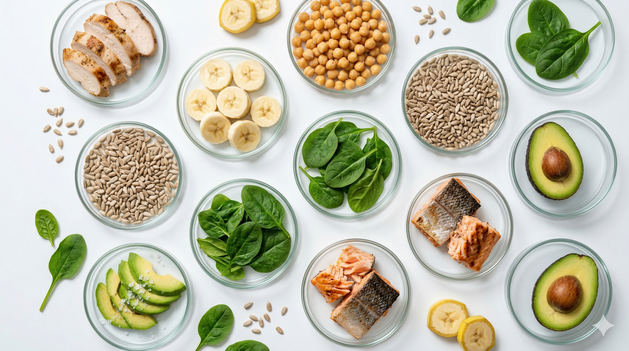 Vitamin-B6-reiche Lebensmittel wie Banane, Huhn, Kichererbsen und Lachs in Petrischalen auf weißem Hintergrund
