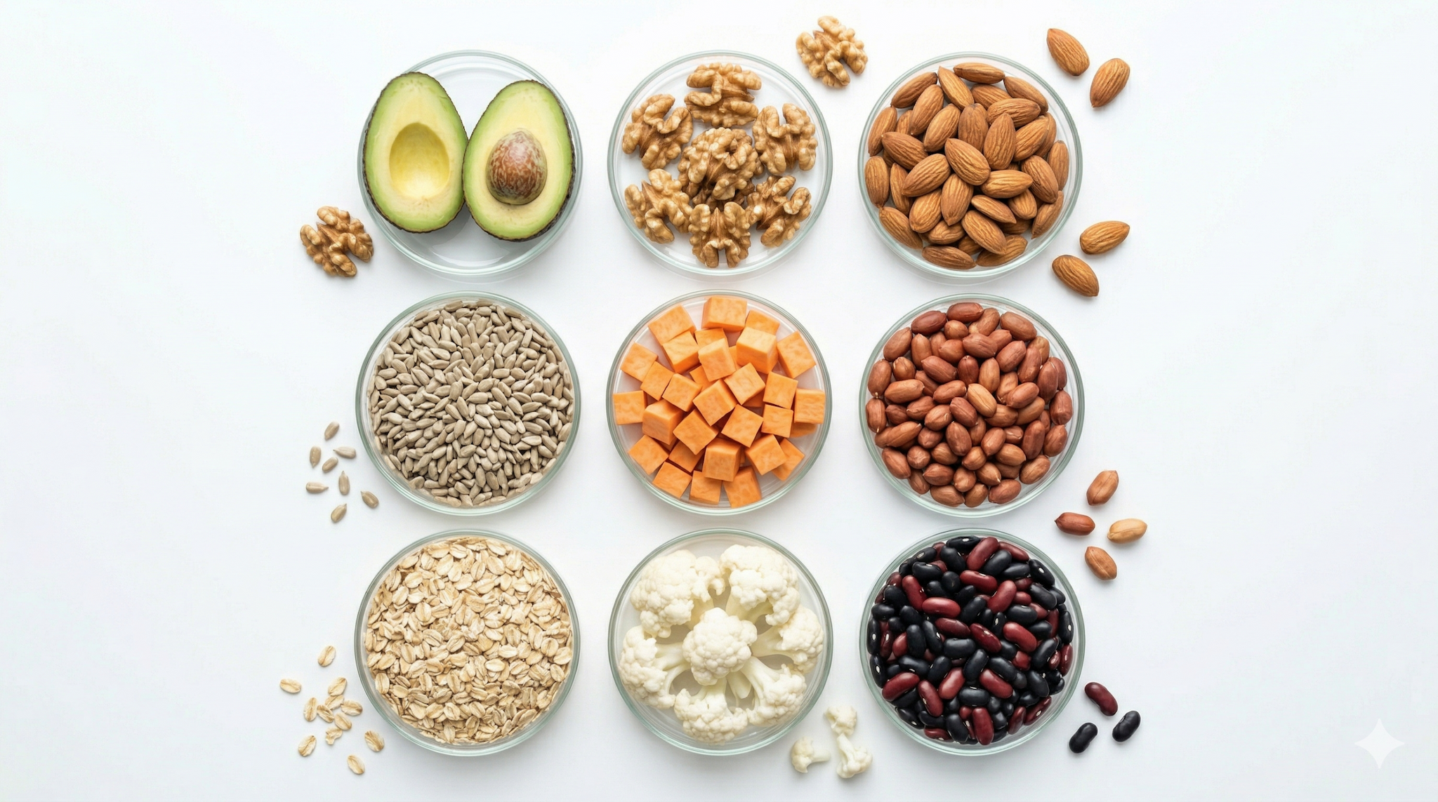 Biotinreiche Lebensmittel wie Avocado, Walnüsse, Sonnenblumenkerne, Süßkartoffel und Mandeln in hellen Petrischalen auf weißem Hintergrund