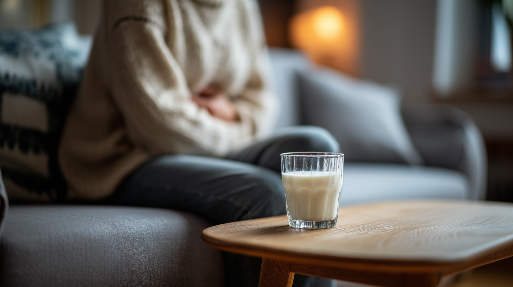 Ein Glas Milch im Vordergrund auf einem Tisch, eine Frau mit Bauchschmerzen unscharf im Hintergrund.