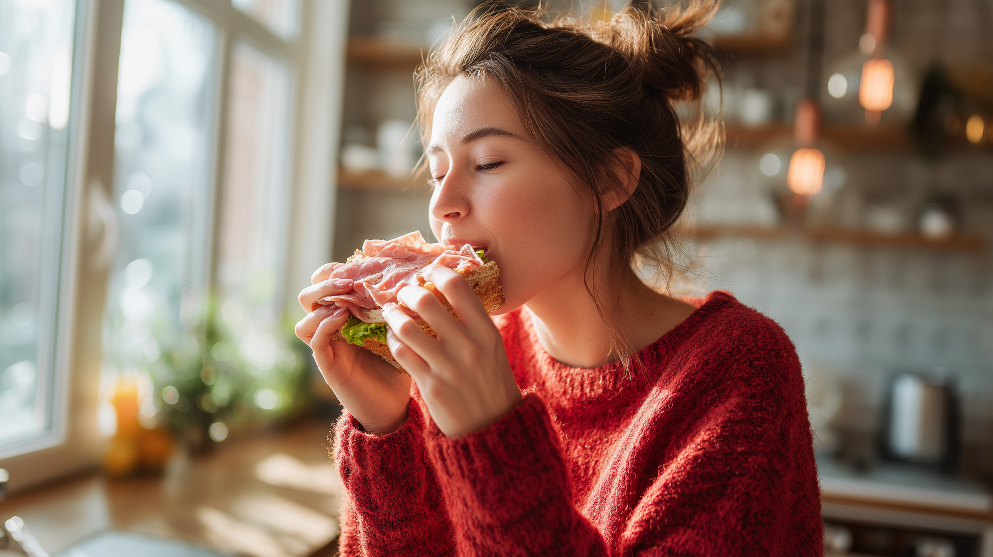 Eine junge Frau beißt mit geschlossenen Augen genussvoll in ein reich belegtes Sandwich.