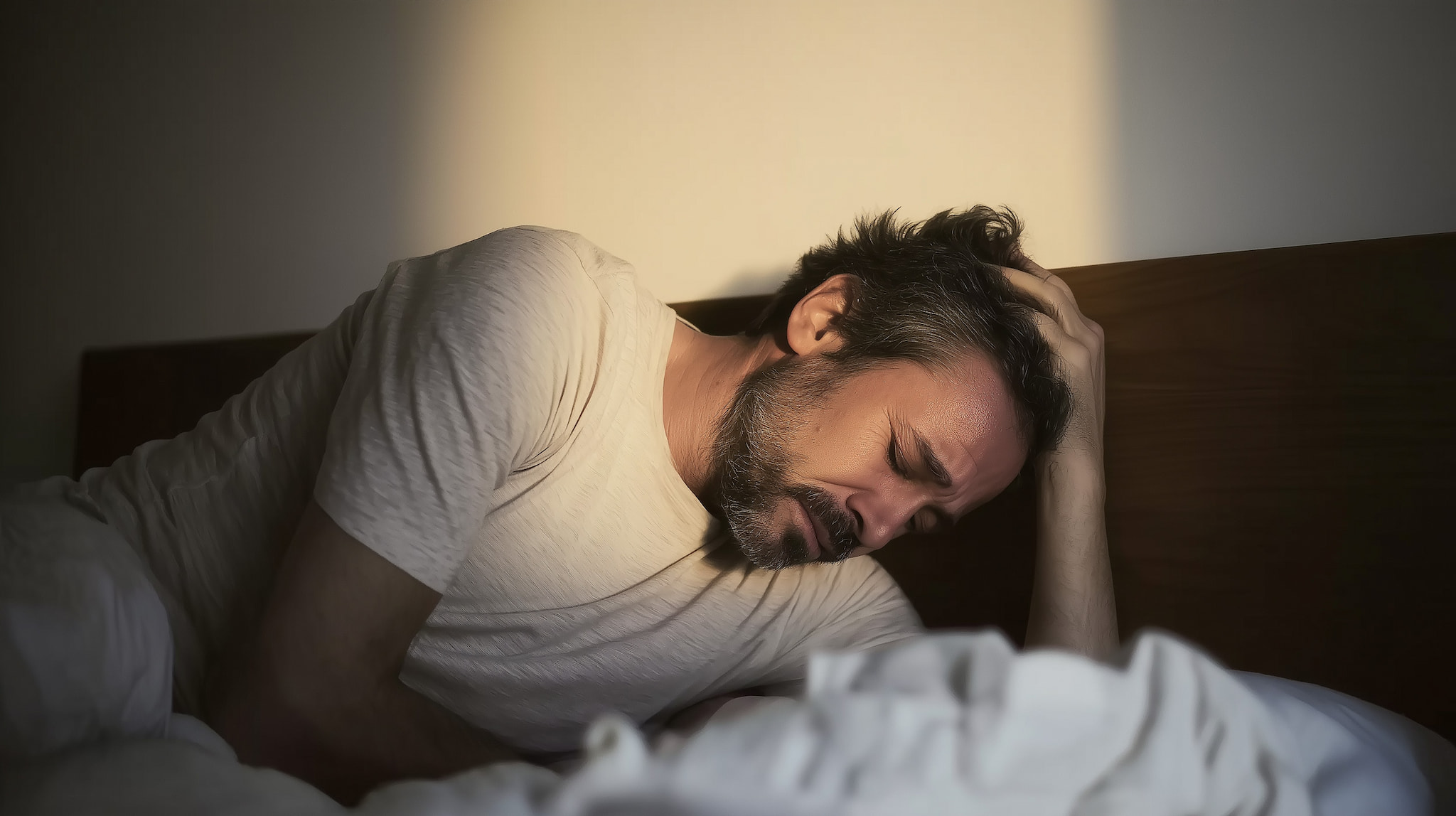 Ein Mann liegt wach im Bett und hält sich mit leidendem Gesichtsausdruck den Kopf.