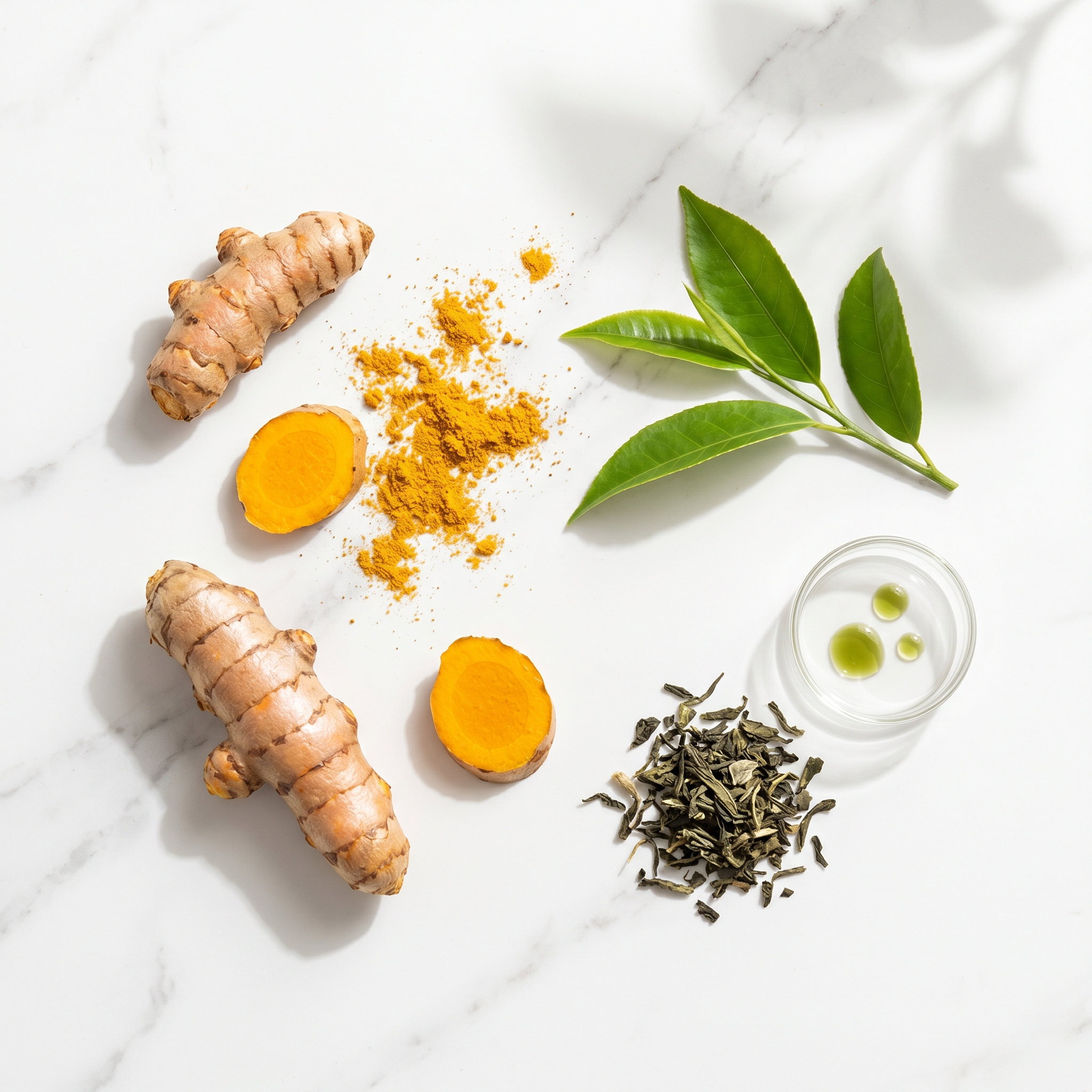 Flat-Lay mit natürlichen Inhaltsstoffen von Metabolic Function: Kurkumawurzel mit goldenem Pulver und frische Grünteeblätter auf weißem Marmorhintergrund.