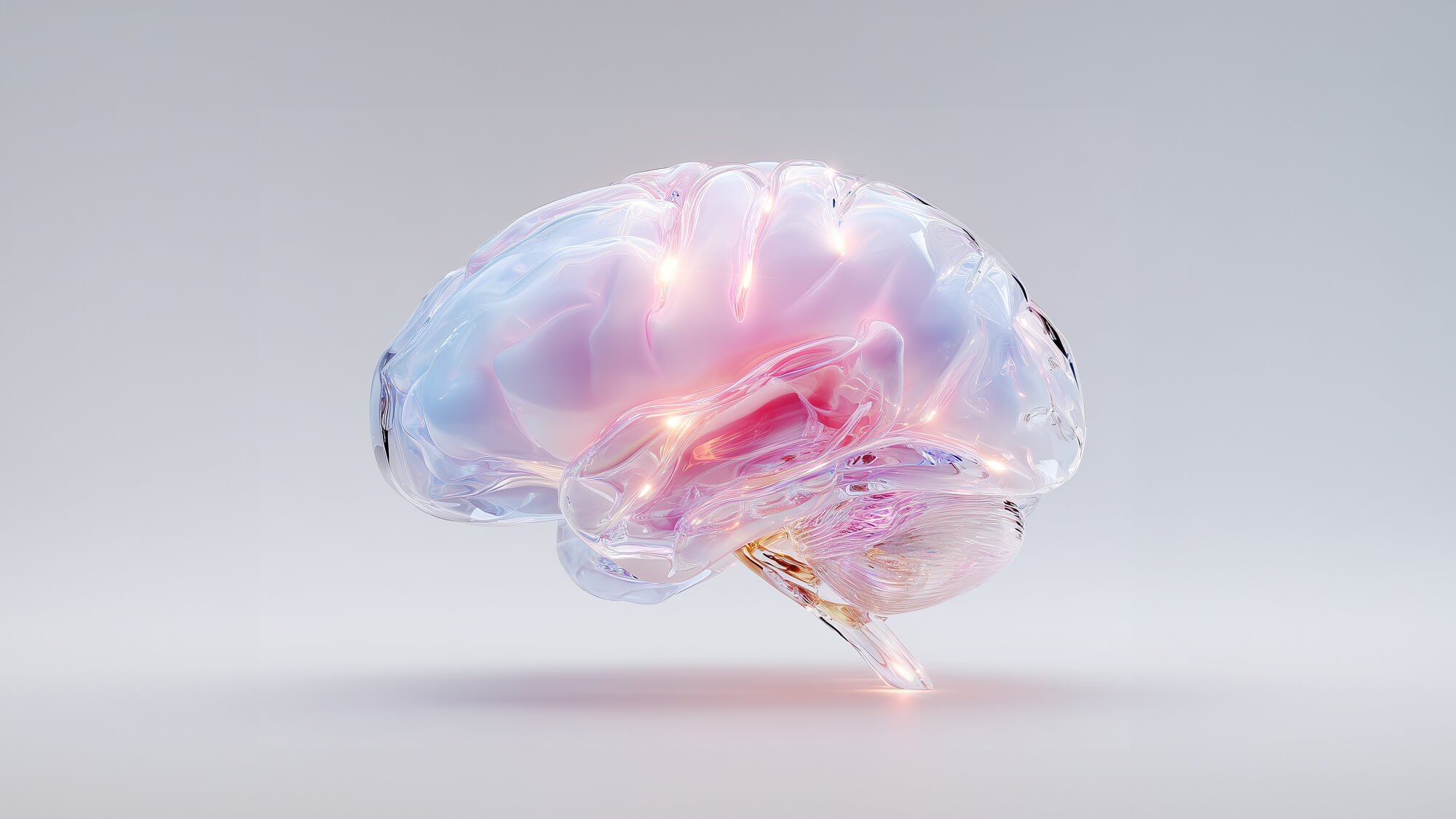 Transparentes, gläsernes Modell eines menschlichen Gehirns mit leuchtenden neuronalen Impulsen für das Konzept der Interozeption.